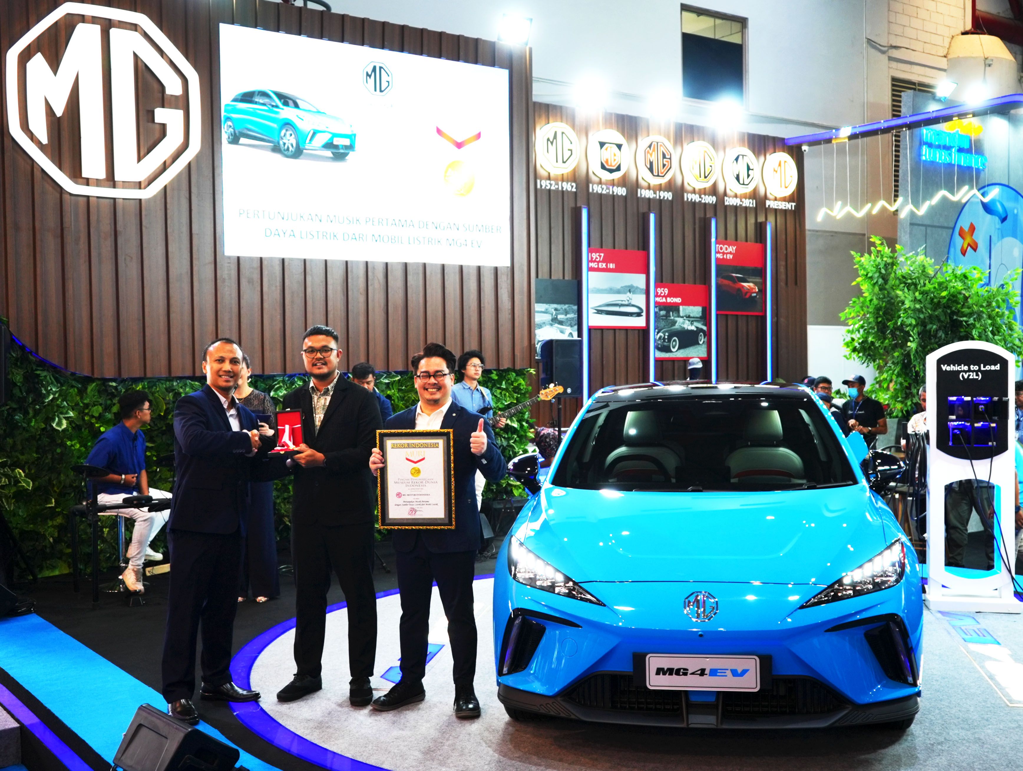 Penyerahan penciptaan rekor MURI pertunjukan musik pertama dengan sumber daya listrik dari mobil listrik (MG Motor Indonesia).